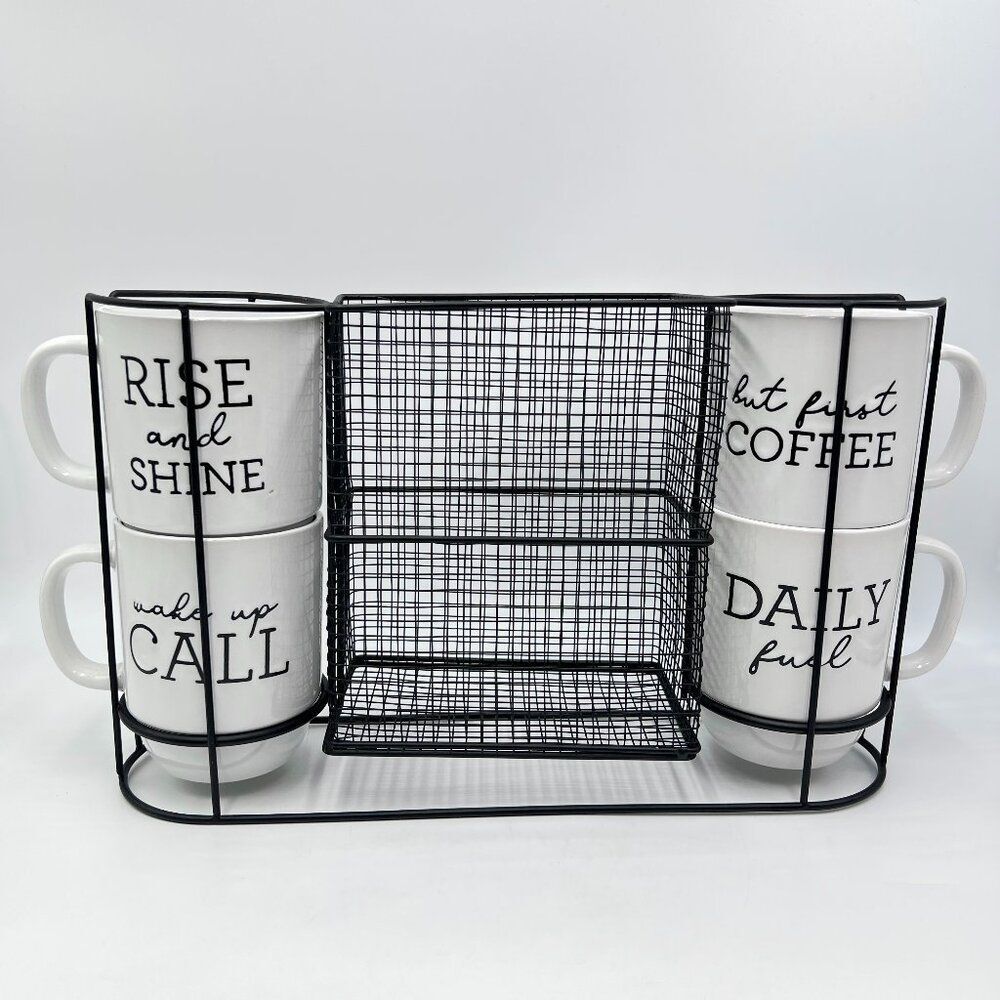 Boston Warehouse Coffee Mug & Black Wire Pod Holder‎ 5 Piece Set 4 Stacking Mugs